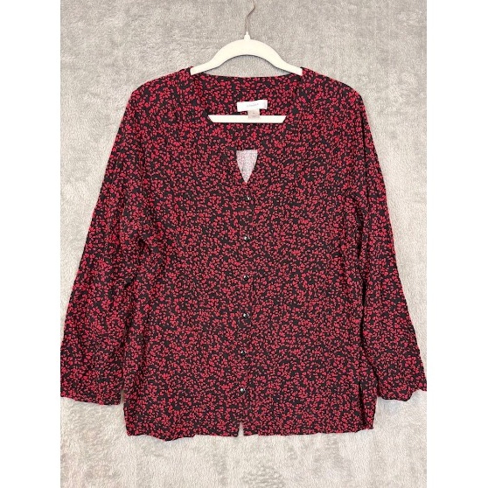 CJ Banks Womens 1X Red Black Floral Button Front Blouse Long Sleeve V-Neck Top